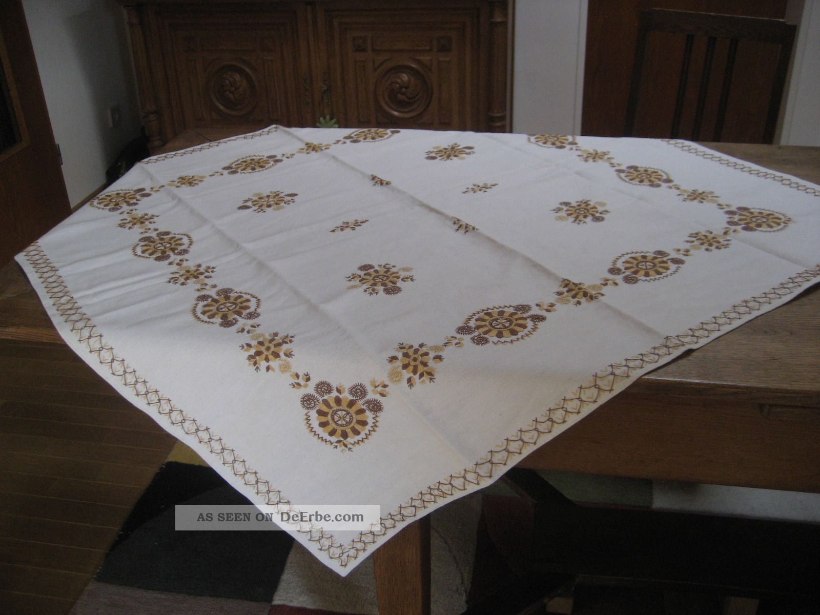 Leinen Tischdecke Mitteldecke Handgestickt Naturleinen Cremeweiß Alt Tischdecken Bild