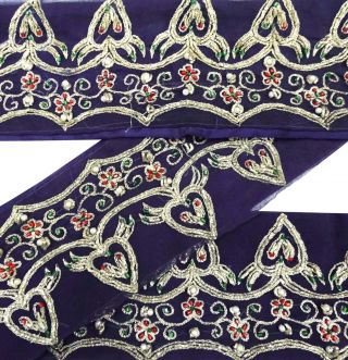 Vintage 1yd Sari Border Sewing Blue Trim Hand Beaded India Lace Ribbon Bild