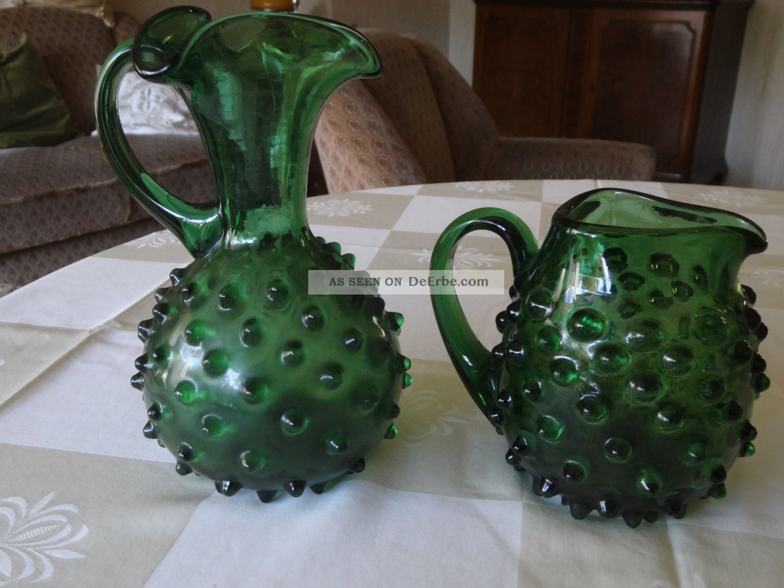 2 Grüne Vasen Mit Henkel Mit Noppenglas,  60er - Jahre Sammlerglas Bild