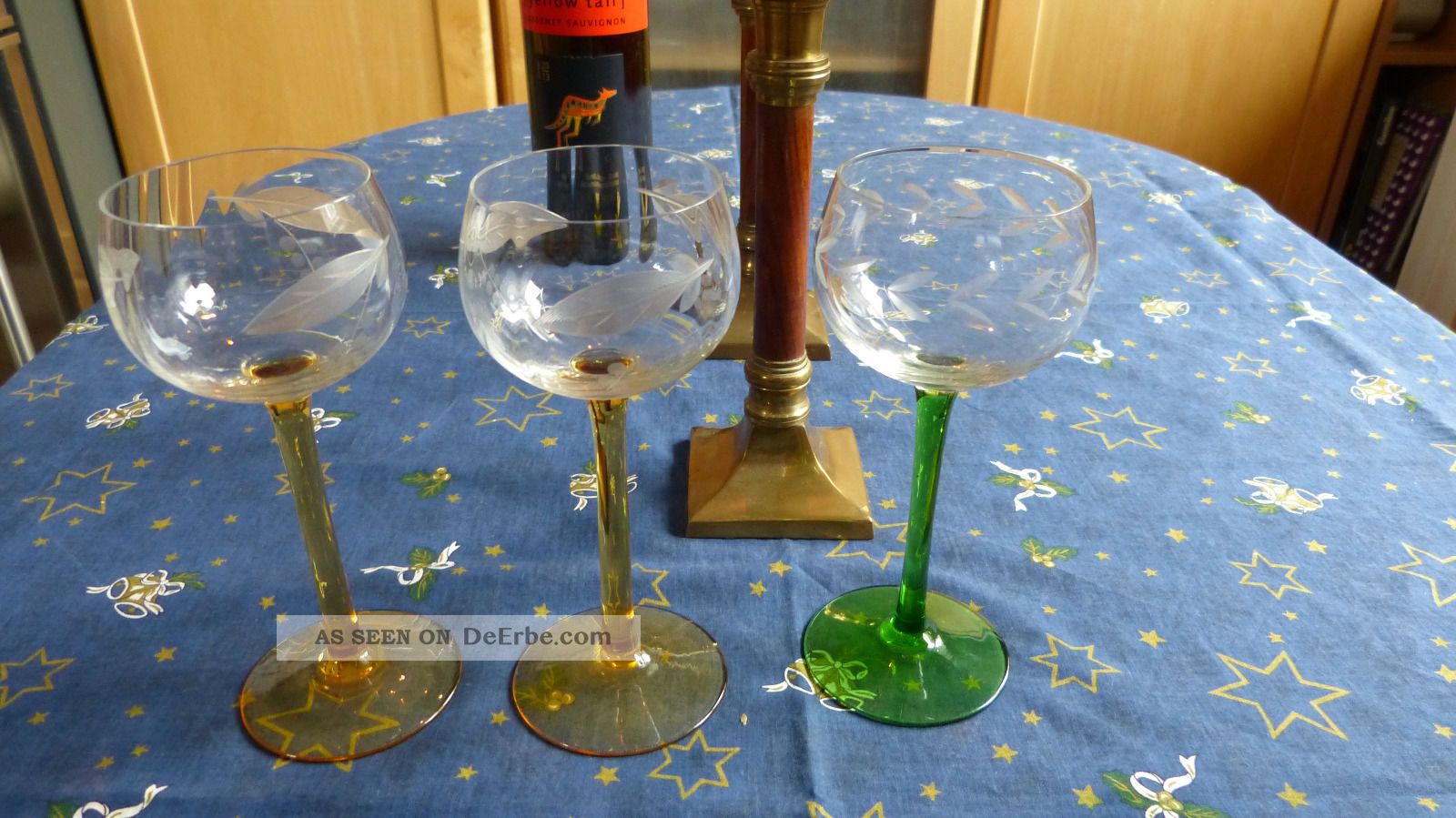 Antike Weingläser Mit Schliff,  2 Mit Gelbem,  1 Mit Grünem Stil Glas & Kristall Bild