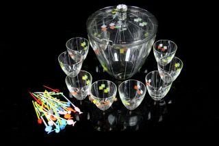 Ostalgisches 11 - Tlg Glasbowle Service Bowle Gefäß Gläser Spießchen Glas Anhänger Bild