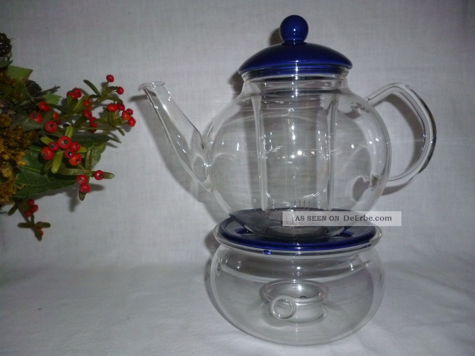 Jenaer Glas Teekanne,  Sieb Stövchen Teelichthalter Porzellan Blau Deckel Aufl Glas & Kristall Bild