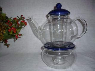 Jenaer Glas Teekanne,  Sieb Stövchen Teelichthalter Porzellan Blau Deckel Aufl Bild