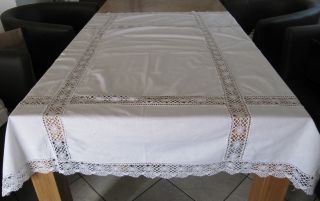 Wunderschöne Alte Leinen - Tischdecke Mit Handgearbeiteter Spitze 1,  40 X 1,  20 M Bild
