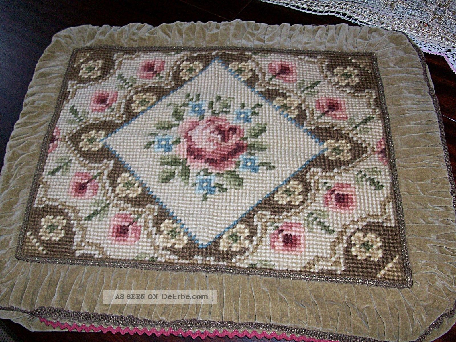 Alte KissenhÜlle Samt Mit Gobelinstickerei Rosen 61/51cm Unbenutzt Textilien & Weißwäsche Bild
