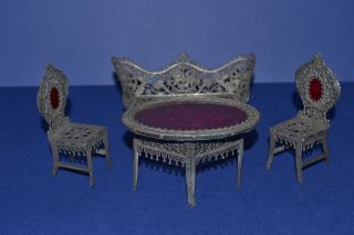 Antike Babette Schweizer Zinn Sitzgarnitur Wohnzimmer Sofa Stühle Tisch Uralt Bild