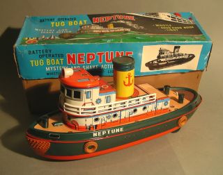 Modern Toys Japan Neptune Tug Boat & Box Vintage Battery Tin Toy Car 1950s Bild