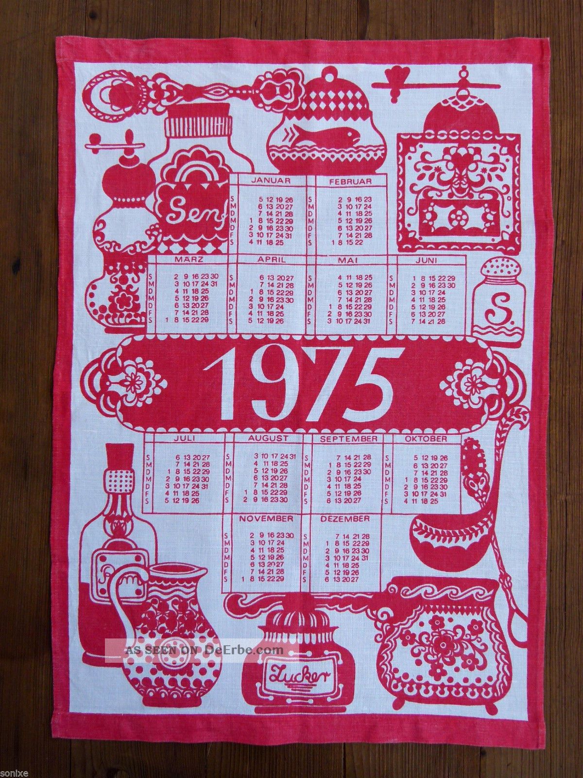 1975 Kalender Geschirrtuch Handtuch Küchentuch Rot Weiß 70er Vintage 1970-1979 Bild