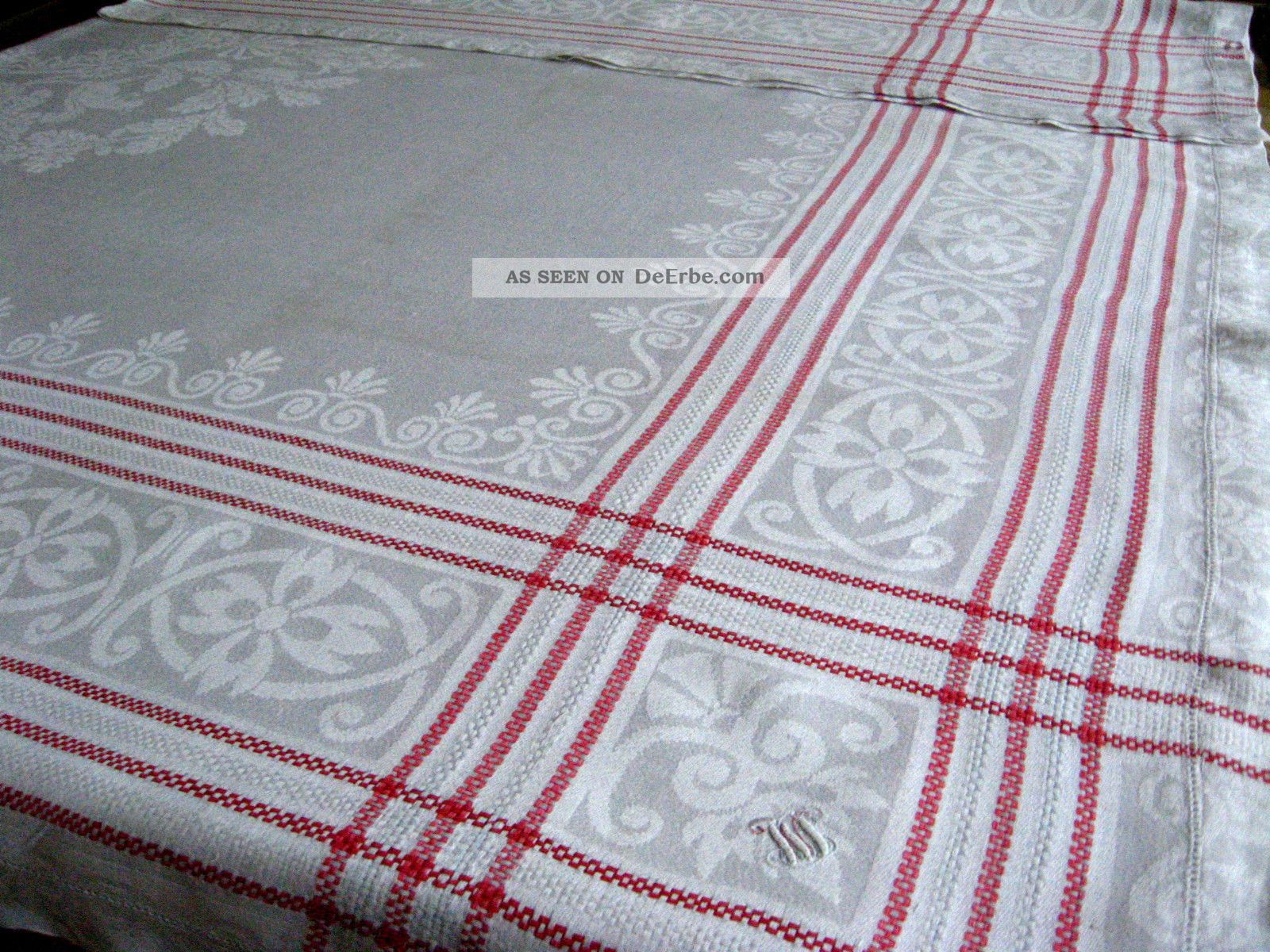 Feines Leinen Tischtuch Tafeltuch Mit Eichenlaub Eichhörnchen Und Rote Bordüre Tischdecken Bild