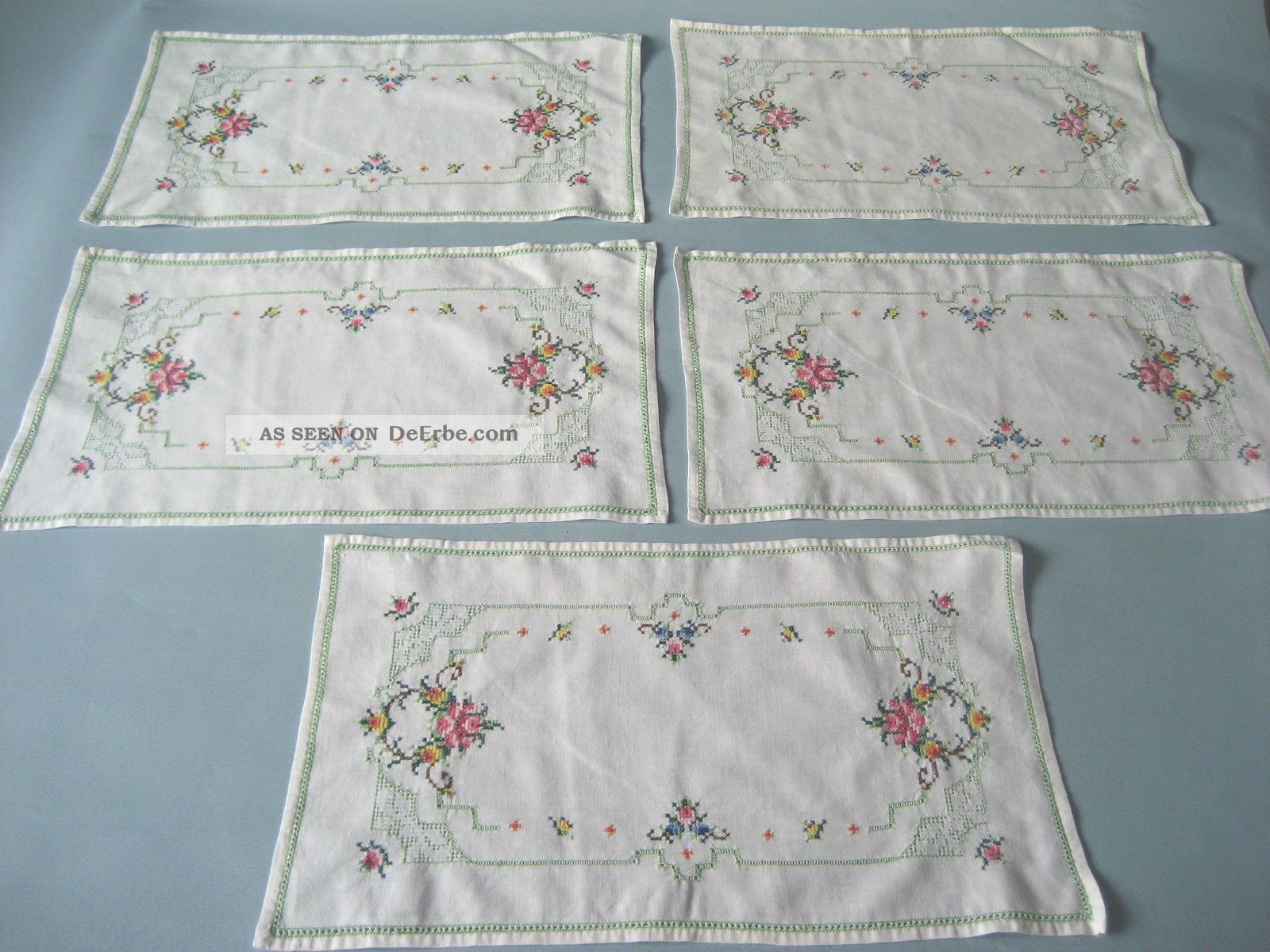 Weißwäsche,  Tischwäsche,  5 Tischsets,  Farbig Bestickt Kreuzstich,  Ca.  41x25 Cm Tischwäsche Bild
