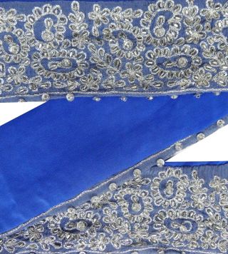 Vintage India Sari Border Hand Beaded Sewing Ribbon Lace Art Deco Trim 1yd Blue Bild