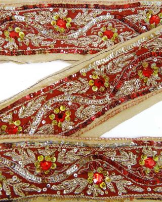 Vintage Hand Beaded India Lace Craft Trim 1yd Sari Border Sewing Maroon Ribbon Bild