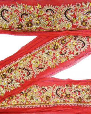 Vintage Sari Border Hand Beaded India 1yd Trim Art Deco Lace Red Ribbon Sewing Bild