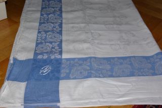 Decke Tischdecke Blaue Bordüre Baumwolle Rose Rosen 80 Jahre 160/120 Cm /p.  30109 Bild