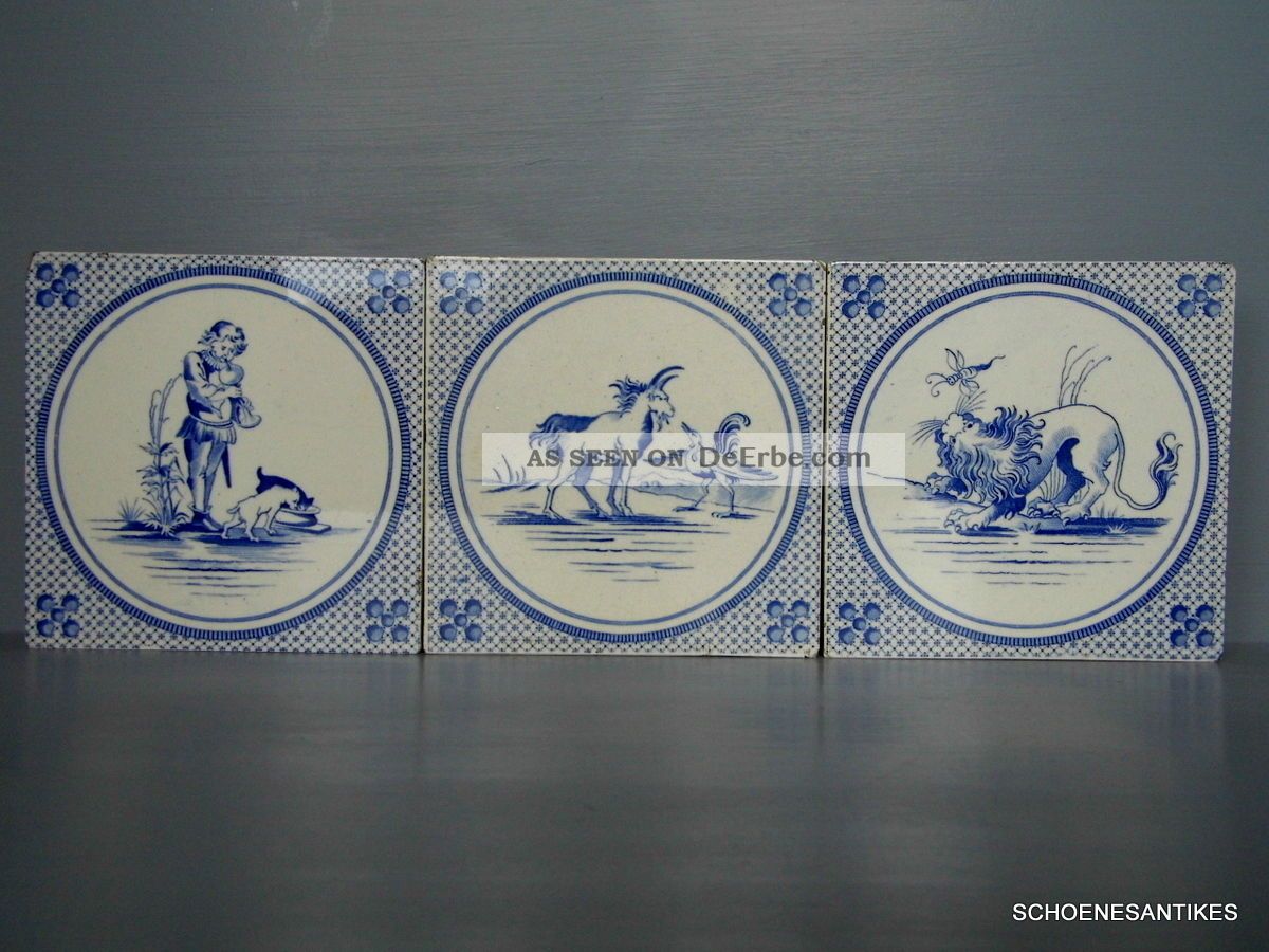 3 Uralte Fliesen Villeroy & Boch Mettlach Um 1900 Wunderschöne Motive Blauweiss