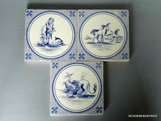 3 Uralte Fliesen Villeroy & Boch Mettlach Um 1900 Wunderschöne Motive Blauweiss Bild
