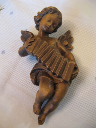 Kleiner Alter Musizierender Engel Holz Geschnitzt Bild