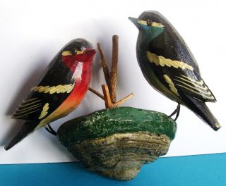 Antike Paar Holzvögel Vogel Mit Nest - Zunderpilz - Erzgebirge Um 1920 Bild