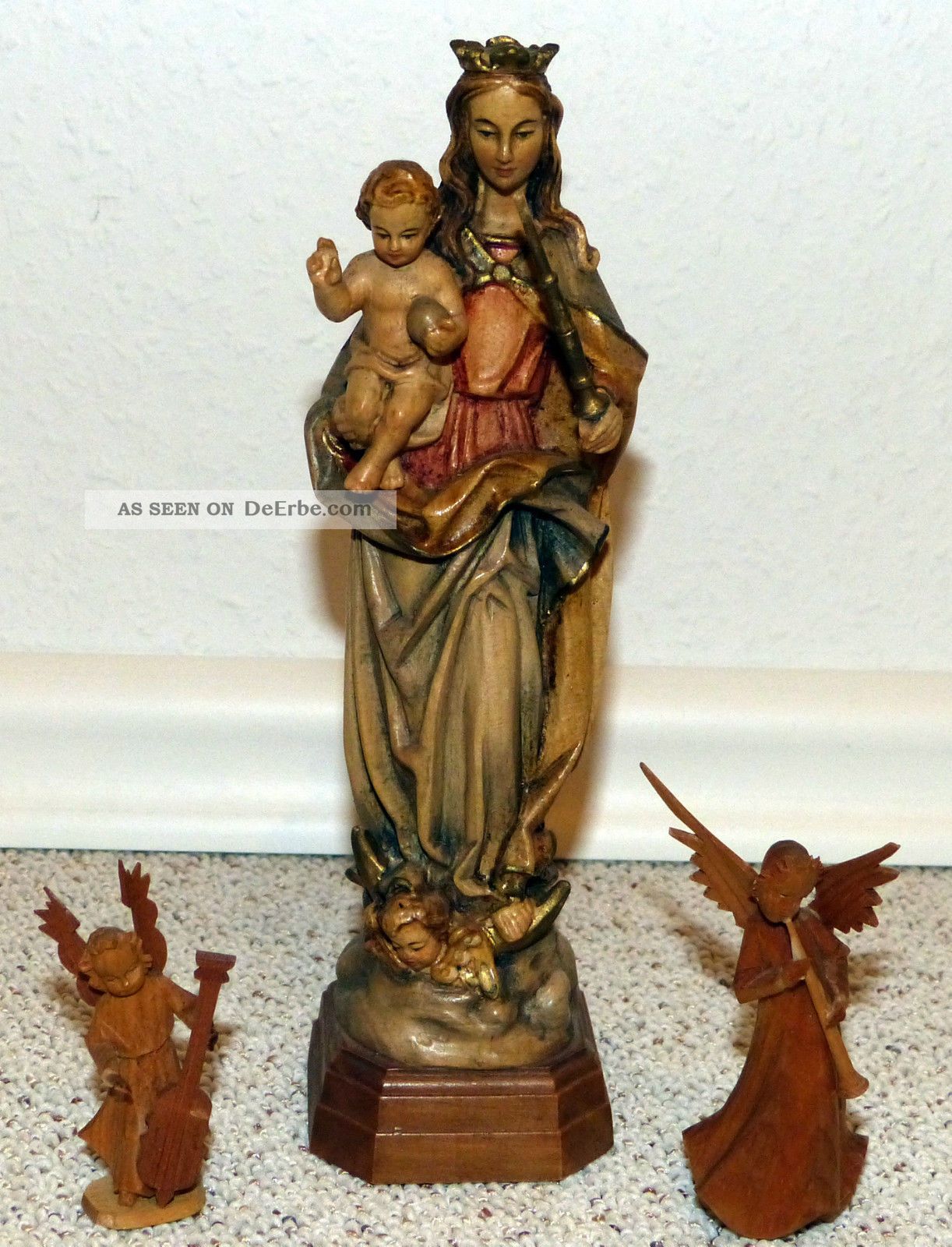 Alte holzfigur schnitzarbeit madonna mit kind 20 cm hoch, 2 holz engel