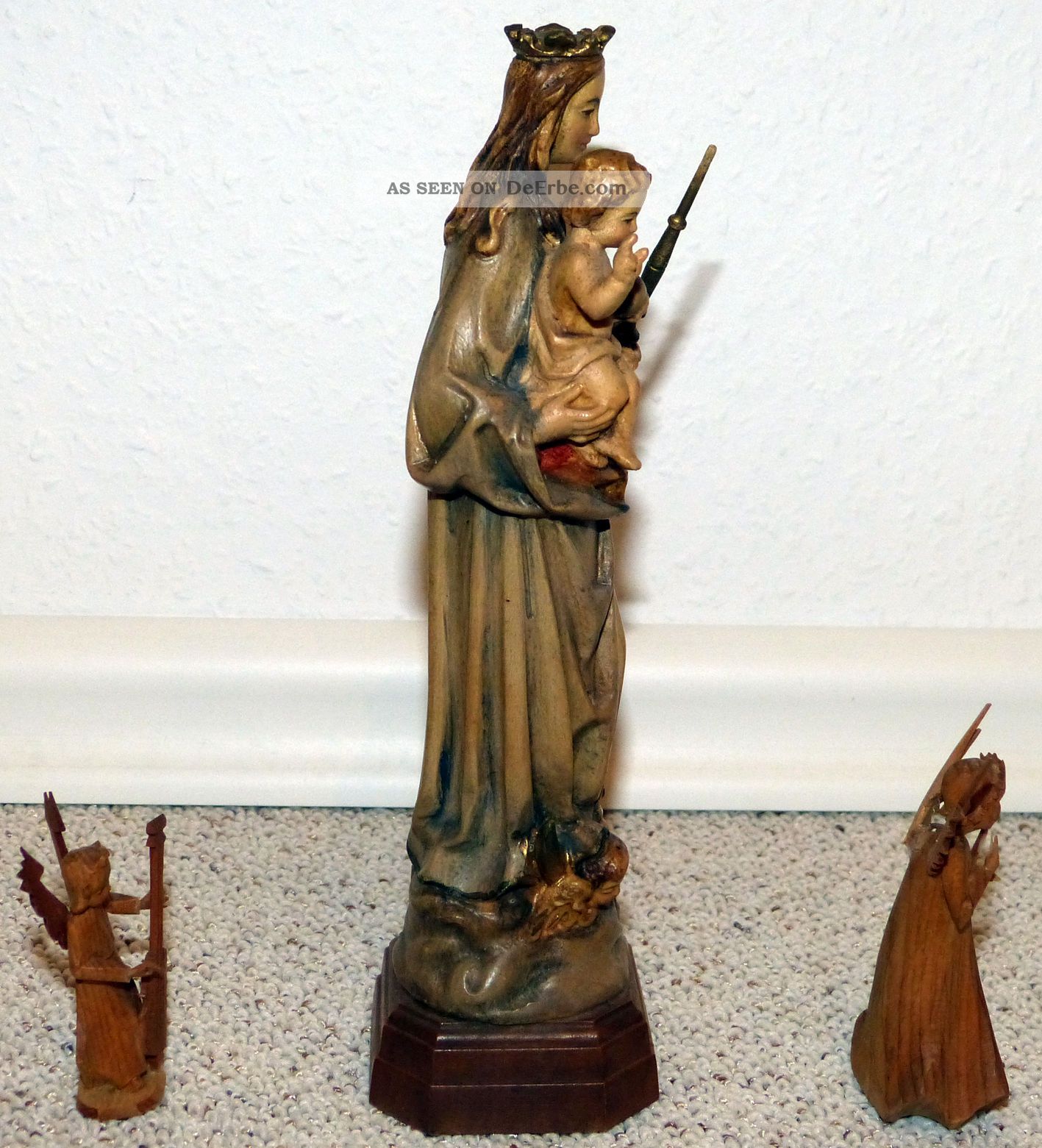 Alte holzfigur schnitzarbeit madonna mit kind 20 cm hoch, 2 holz engel