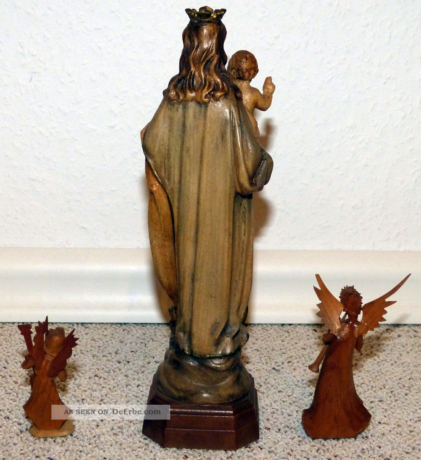 Alte holzfigur schnitzarbeit madonna mit kind 20 cm hoch, 2 holz engel