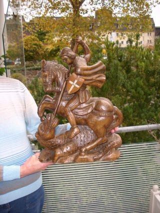 Gr.  Holzfigur - Heiligenfigur - Heiliger Georg - Drachentöter - Geschnitzt - 48cm - Deko Bild