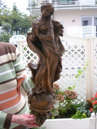 Holzfigur - Heiligenfigur - Madonna Auf Echse - Konsole - Oberammergau? - Geschnitzt - 61 Cm Bild