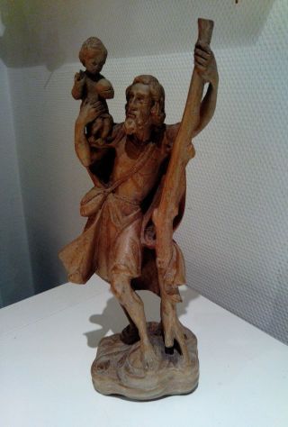 Holzfigur - Heiligenfigur - Hl.  Christophorus Mit Kind - Geschnitzt - Bild