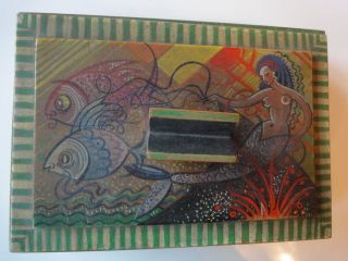 Art Deco Holzschatulle Bemalt Deckel Meer Fisch Meerjungfrau Mon - Jm Bild