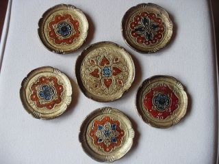 6 Kleine Antike Florentiner Tablett Untersetzer Leichtes Holz Gold - Blau - Rost Bild