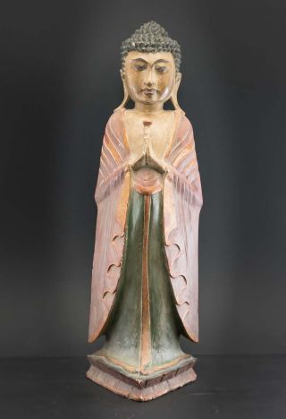 Buddha Mit Pilz Oder Blume,  Große Holzfigur,  Farbig Handbemalt.  50 Cm Bild