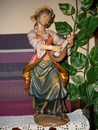 Holzfigur - Heiligenfigur - Mädchen Mit Laute - Bunt - Geschnitzt - Bild