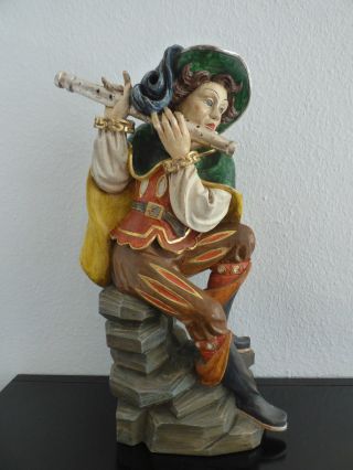 Flötenspieler - Holzfigur - Handgeschnitzt - Riesige 70 Cm - Antik Bild