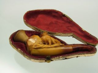 Antike Meerschaumpfeife Mops Mit Butterscotch Amber Mundstück Orig Etui 1886 Bild