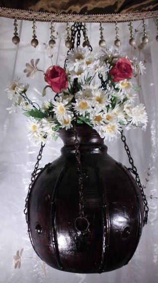 Blumenampel,  Topf,  Vase Aus Massivem Holz,  Antik Ca.  30cm Mit Kette,  Handarbeit Bild