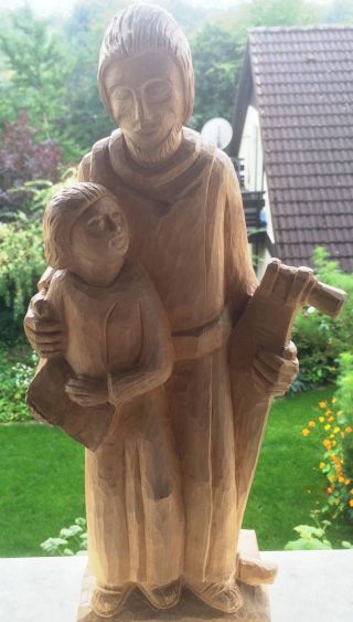 Holzfigur Schnitzerei Mann Mit Sohn/ Kind Mit Säge Auf Sockel Geschnitzt Ca.  50cm Bild