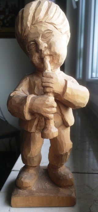 Holzfigur Schnitzerei Junge Spielt Geige Auf Sockel - Geschnitzt - Ca.  19,  5cm Bild