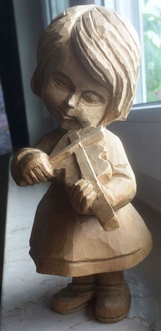 Holzfigur Schnitzerei Mädchen Spielt Geige - Geschnitzt - Ca.  19cm Bild