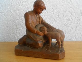 Fein Geschnitzte Holzfigur Anri GrÖdnertal Junge Mit Zwei Schafen.  Sehr Alt Bild
