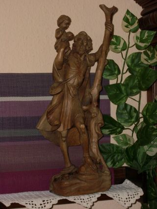 Grosse Holzfigur - Heiligenfigur - Hl.  Christophorus Mit Kind - Geschnitzt - Deko - 46 Cm Bild