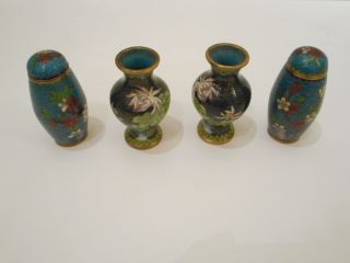 4 Kleine Cloisonné Deckelvasen / Vasen Asia China Japan Blüten Antik Messing Bild