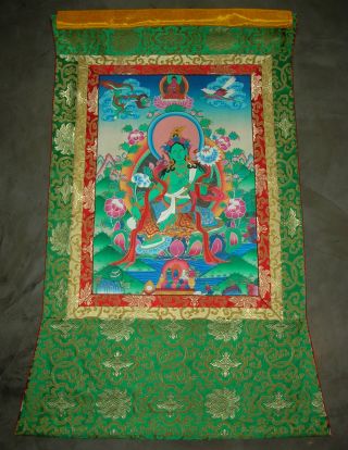 Wunderschöner Feiner Thangka Aus Nepal: Grüne Tara In Brokat Riesig 108x62 Cm Bild