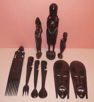 9 Stück Afrikanische Masken Figuren Konvolut Kamm Besteck Maske Handgeschnitzt Bild