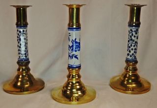 3 Kerzenständer Messing Mit Porzellan Weiß Blau Asiatischer Stil Unbenutzt Bild
