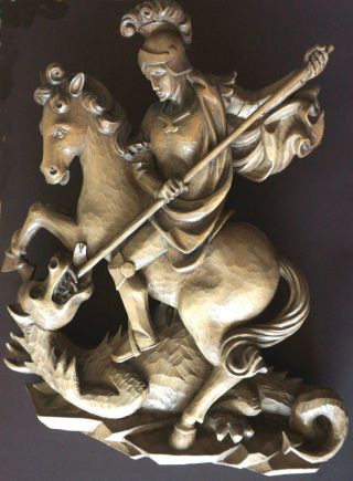 Holzbild Holzrelief Skulptur Drachentöter Heiliger Georg Handgeschnitzt Zu Pferd Bild