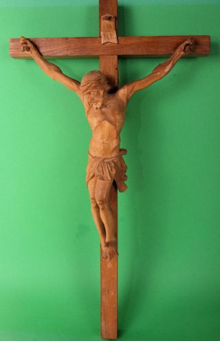 Holz - Kruzifix 58 Cm Hoch 30 Cm Breit Jesusfigur 32 Cm Hoch Ca.  50 Jahre Alt Bild