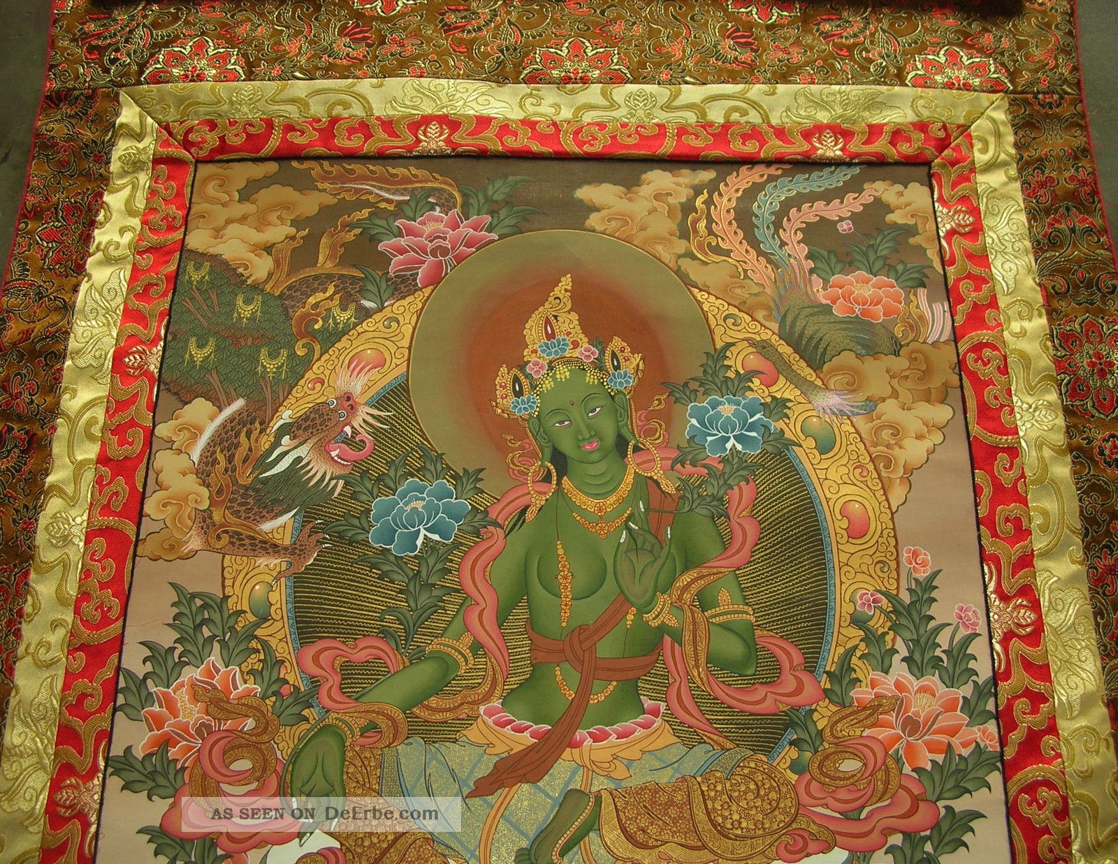 Masterpiece Thangka: Grüne Tara Riesig Brokat 117x68 Cm Entstehungszeit nach 1945 Bild