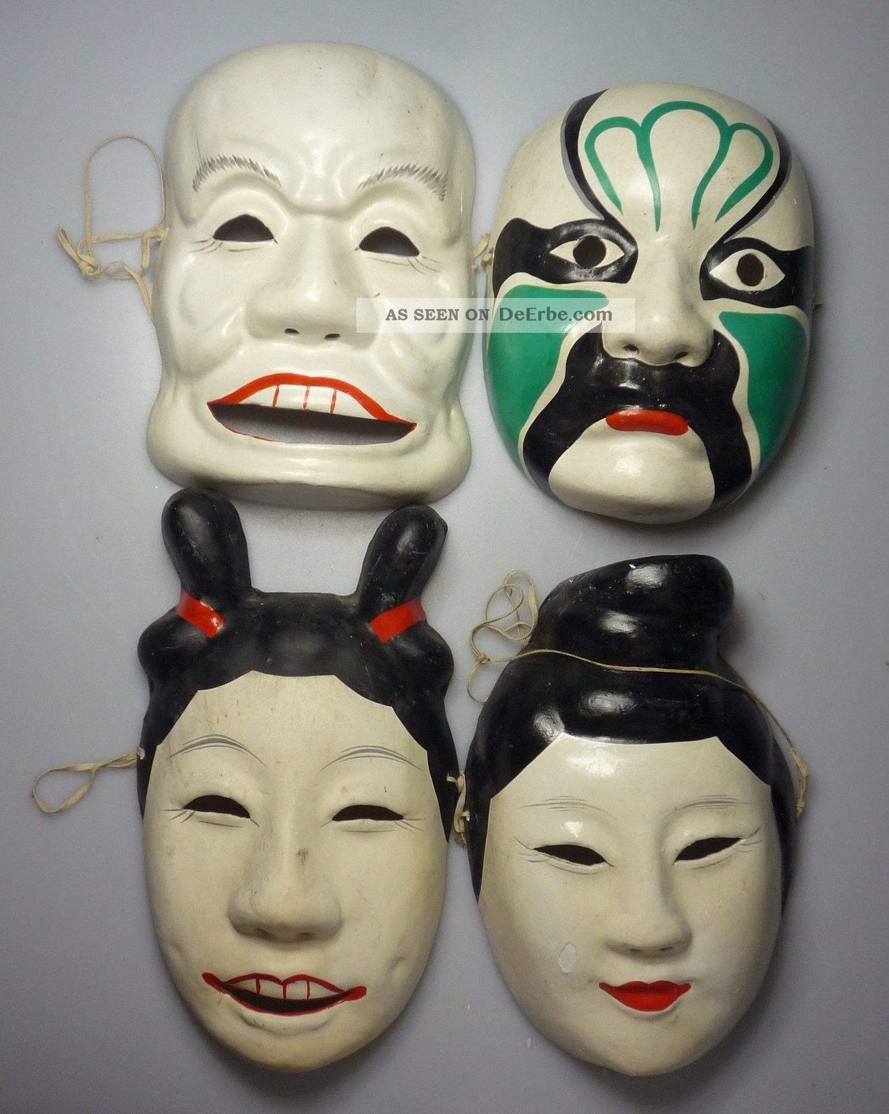 4 Masken Japan Handbemalt Je Ca.  22x15cm Japanische Masken Pappmachee Entstehungszeit nach 1945 Bild