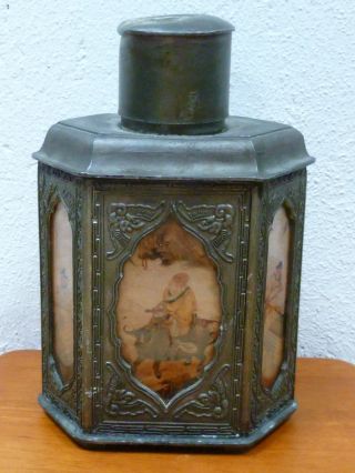 Antik Dose Öldose Teedose Asiatika Zinn Hinterglasmalerei Gefäß Signiert Bilder Bild
