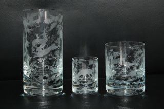 18 Gläser Kristall Jagdmotive Waldtiere Geätzt 6 X Whiskey 6 X Bier 6 X Schnaps Bild